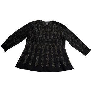 Per Se Knit Top Metallic Long Sleeve Stretch Sweater Womens Sz Large Black Gold
